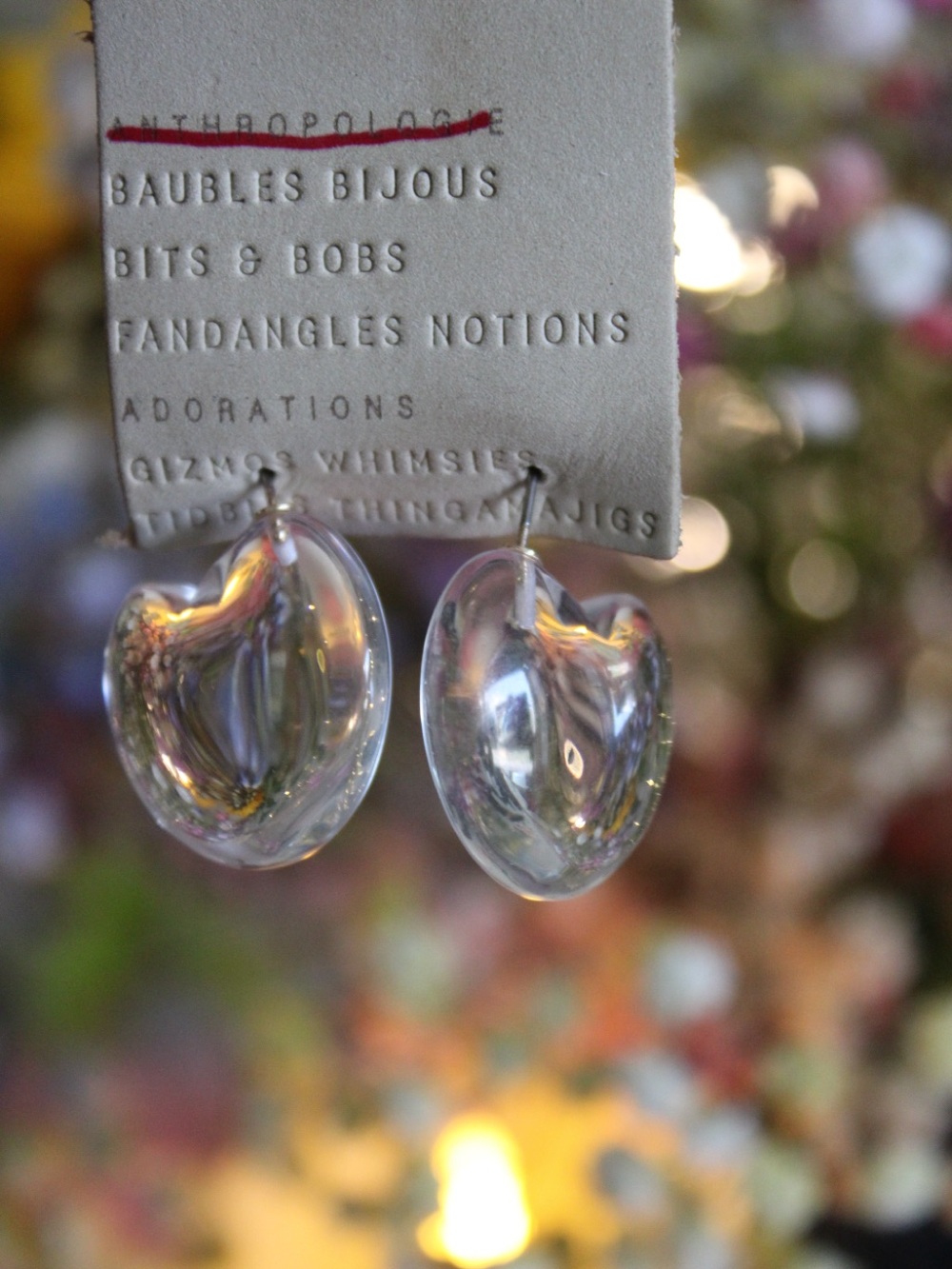 Anthropologie Iridescent Clear Heart Drop Earrings